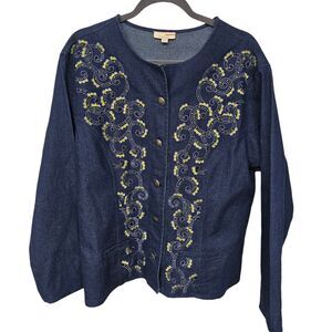 Choices Denim Jacket Women’s XL Embroidered Boho Whimsical Artsy Boxy Fit